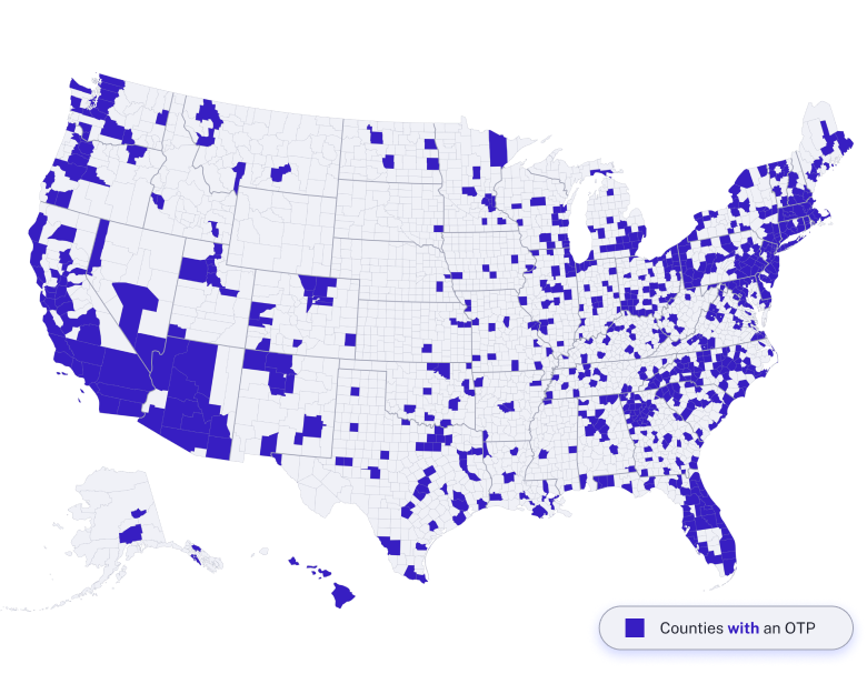 US county map showing limited opioid treatment program access